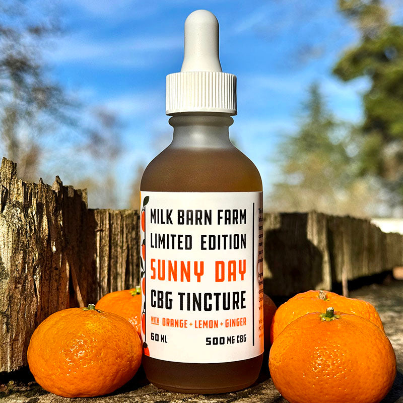 Bottle of Milk Barn Farm CBG Tincture with oranges on a wooden surface